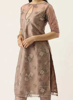 Embroidered Grey Boat Neck Kurti Festive Wear