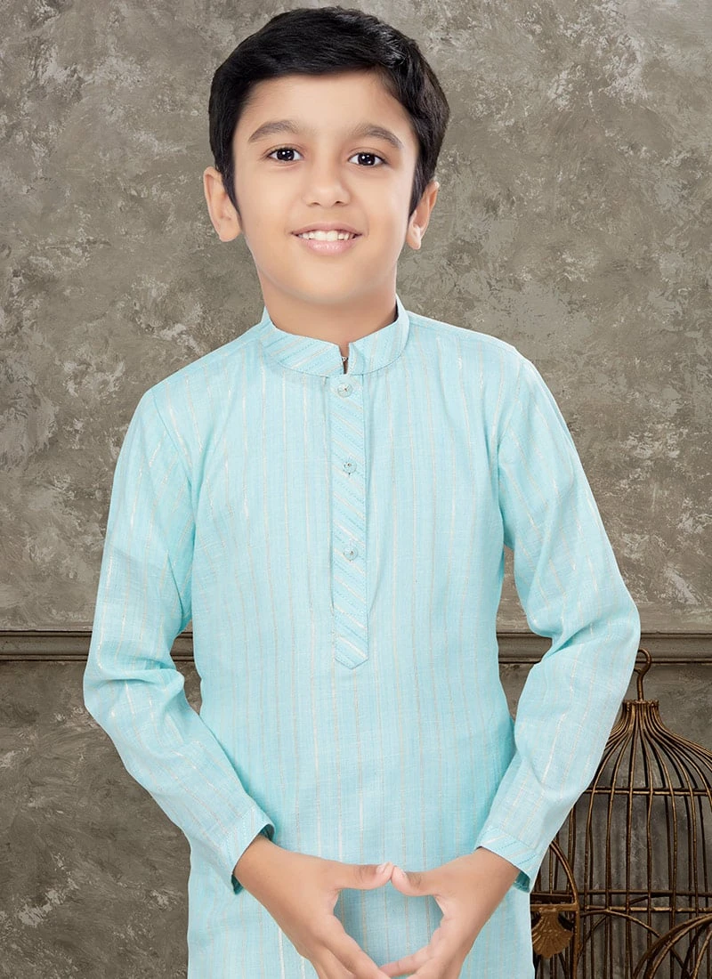 Firozi Blended Cotton Kids Boys Kurta Pyjama Party Wear 3 Firozi Blended Cotton Kids Boys Kurta Pyjama Party Wear - Image 3