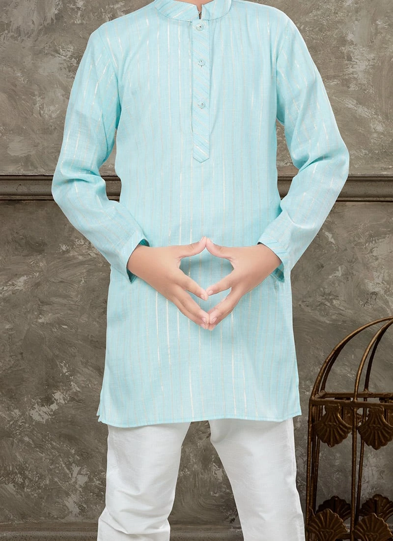 Firozi Blended Cotton Kids Boys Kurta Pyjama Party Wear 1 Firozi Blended Cotton Kids Boys Kurta Pyjama Party Wear