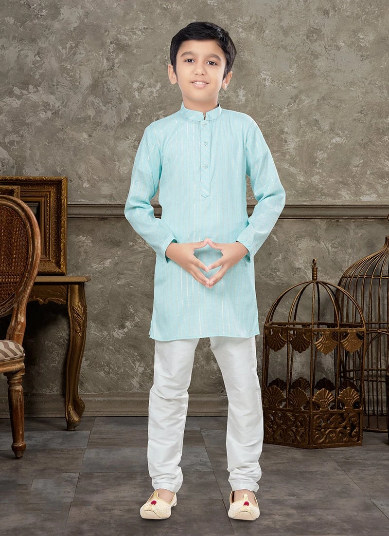 Firozi Blended Cotton Kids Boys Kurta Pyjama Party Wear 2 Firozi Blended Cotton Kids Boys Kurta Pyjama Party Wear - Image 2
