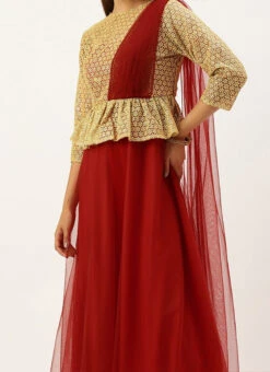 Teen Girls Gold N Red Embroidered Net Layered Gown Party Wear