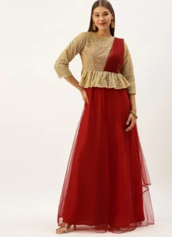 Teen Girls Gold N Red Embroidered Net Layered Gown Party Wear -Mahra Clothing Shop Gold N Red Embroidered Net Layered Gown IWBS02204652 u