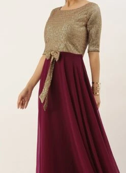 Teen Girls Gold Sequins N Purple Georgette Flared Gown Festive Wear