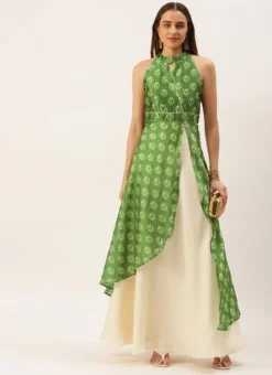 Green Art Silk Digital Printed Halter Neck Dress Festive Wear -Mahra Clothing Shop Green Art Silk Digital Printed Halter Neck Dress DRBS02210996 u