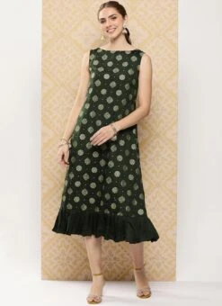 Green Art Silk Foil Print Dress After Six Wear -Mahra Clothing Shop Green Art Silk Foil Print Dress DRBS02301118 u