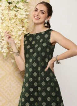 Green Art Silk Foil Print Dress After Six Wear -Mahra Clothing Shop Green Art Silk Foil Print Dress DRBS02301118 rrc1