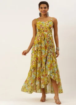 Green Asymmetric Gathered Gown Party Wear -Mahra Clothing Shop Green Asymmetric Gathered Gown IWBS02208449 u