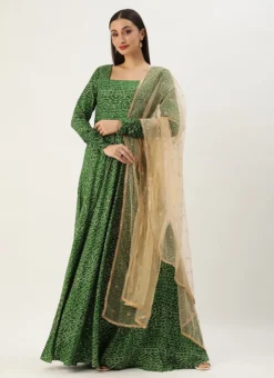 Dupatta From Green Bandhani Printed Rayon Gown With Dupatta Set After Six Wear -Mahra Clothing Shop Green Bandhani Printed Rayon Gown With Dupatta Set IWBS02302294 u