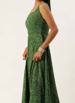 Green Bandhani Printed Rayon Strap Neck Dress Festive Wear