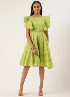 Green Blended Cotton Foil Printed Ruffled Dress After Six Wear -Mahra Clothing Shop Green Blended Cotton Foil Printed Ruffled Dress DRBS02205991 u