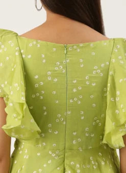 Green Blended Cotton Foil Printed Ruffled Dress After Six Wear Festive Wear -Mahra Clothing Shop Green Blended Cotton Foil Printed Ruffled Dress DRBS02205991 rrc2 1