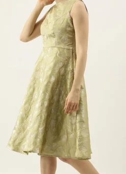 Green Brocade Boat Neck Flared Dress Wedding Wear