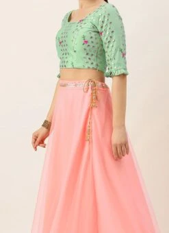 Green Chanderi Blouse N Pink Net Lehenga Party Wear