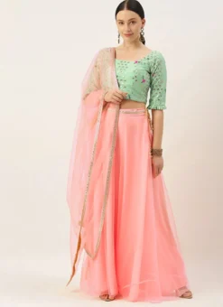 Green Chanderi Blouse N Pink Net Lehenga Party Wear -Mahra Clothing Shop Green Chanderi Blouse N Pink Net Lehenga GHBS02108662 u