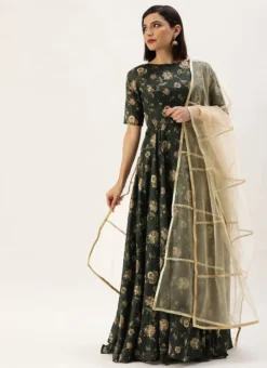 Teen Girls Green Chanderi Floor Length Anarkali Suit Festive Wear -Mahra Clothing Shop Green Chanderi Floor Length Anarkali Suit SLBS02203565 u 1