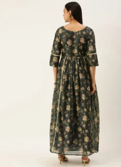 Green Chanderi Printed Floral Maxi Dress Festive Wear -Mahra Clothing Shop Green Chanderi Printed Floral Maxi Dress DRBS02111084 b