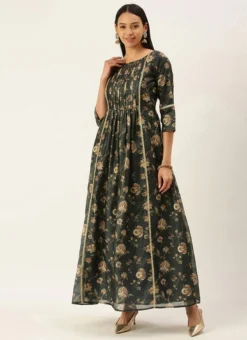 Green Chanderi Printed Floral Maxi Dress Festive Wear -Mahra Clothing Shop Green Chanderi Printed Floral Maxi Dress DRBS02111084 u