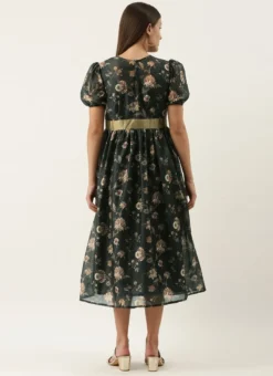 Green Chanderi Silk Puff Sleeve Dress After Six Wear -Mahra Clothing Shop Green Chanderi Silk Puff Sleeve Dress DRBS02201263 b