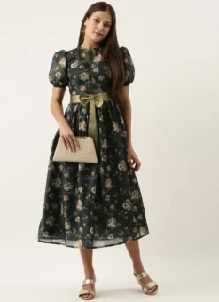 Green Chanderi Silk Puff Sleeve Dress After Six Wear -Mahra Clothing Shop Green Chanderi Silk Puff Sleeve Dress DRBS02201263 u