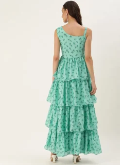 Green Chinon Digital Printed Layered Gown Party Wear -Mahra Clothing Shop Green Chinon Digital Printed Layered Gown IWBS02307659 b