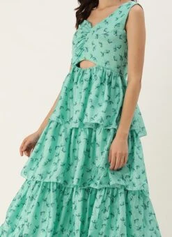 Teen Girls Green Chinon Digital Printed Layered Gown Party Wear