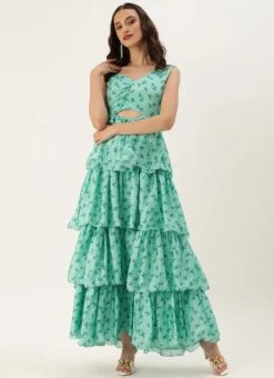 Teen Girls Green Chinon Digital Printed Layered Gown Party Wear -Mahra Clothing Shop Green Chinon Digital Printed Layered Gown IWBS02307659 u 1