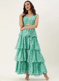 Green Chinon Digital Printed Layered Gown Party Wear -Mahra Clothing Shop Green Chinon Digital Printed Layered Gown IWBS02307659 u