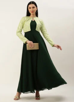 Green Cotton Embroidered Jacket Style Gown Festive Wear -Mahra Clothing Shop Green Cotton Embroidered Jacket Style Gown IWBS02301772 u
