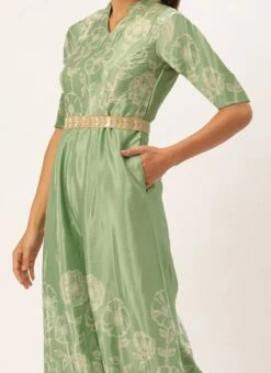 Green Digital Print Chinon Jumpsuit Festive Wear