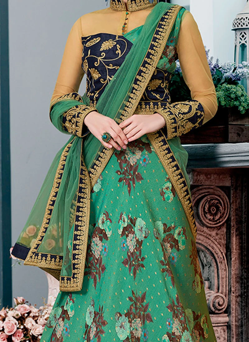 Green Embroidered A Line Lehenga Party Wear 1 Green Embroidered A Line Lehenga Party Wear