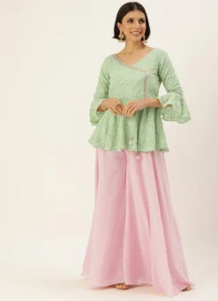 Teen Girls Green Embroidered Angrakha Blouse N Palazzo Festive Wear -Mahra Clothing Shop Green Embroidered Angrakha Blouse N Palazzo IWBS02203582 u