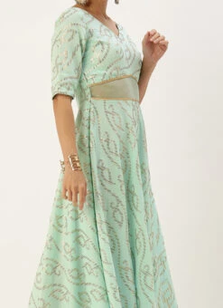 Teen Girls Green Embroidered Ankle Length Gown Festive Wear