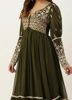 Teen Girls Green Embroidered Georgette Anarkali Suit Festive Wear