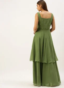 Green Embroidered Georgette Layered Gown Festive Wear Party Wear -Mahra Clothing Shop Green Embroidered Georgette Layered Gown IWBS02203612 b