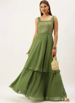 Green Embroidered Georgette Layered Gown Festive Wear Party Wear -Mahra Clothing Shop Green Embroidered Georgette Layered Gown IWBS02203612 u