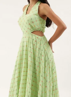Green Embroidered Georgette Maxi Dress Festive Wear