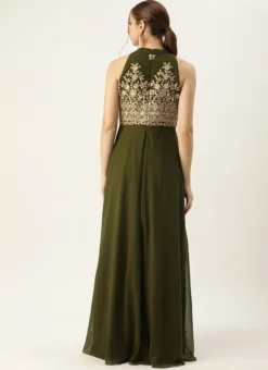 Teen Girls Green Embroidered Halter Neck Gown Festive Wear -Mahra Clothing Shop Green Embroidered Halter Neck Gown IWBS02305137 b 1