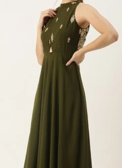 Teen Girls Green Embroidered Halter Neck Gown Festive Wear