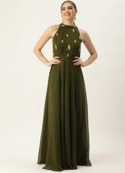 Green Embroidered Halter Neck Gown Festive Wear -Mahra Clothing Shop Green Embroidered Halter Neck Gown IWBS02305137 u