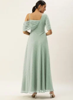 Green Embroidered One Shoulder Style Gown Party Wear -Mahra Clothing Shop Green Embroidered One Shoulder Style Gown IWBS02305134 b