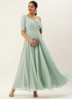 Green Embroidered One Shoulder Style Gown Party Wear -Mahra Clothing Shop Green Embroidered One Shoulder Style Gown IWBS02305134 u