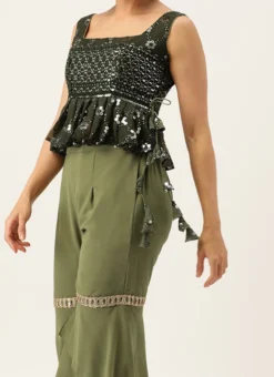 Teen Girls Green Embroidered Peplum Top N Gharara Pant Festive Wear