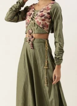 Teen Girls Green Foil Printed Jacket Style Lehenga Festive Wear