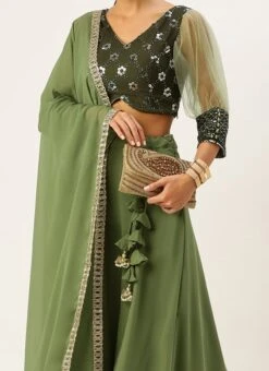 Teen Girls Green Gathered Sleeves Lehenga Wedding Wear