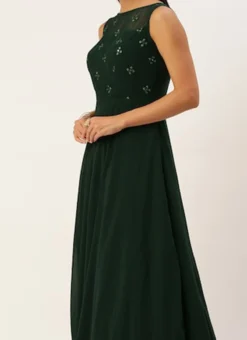 Green Georgette Embroidered Boat Neck Gown Party Wear