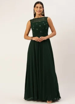 Green Georgette Embroidered Boat Neck Gown Party Wear -Mahra Clothing Shop Green Georgette Embroidered Boat Neck Gown IWBS02301685 u