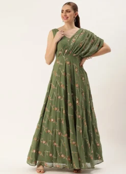 Teen Girls Green Georgette Embroidered Drape Gown Party Wear -Mahra Clothing Shop Green Georgette Embroidered Drape Gown IWBS02307665 u