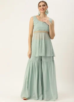 Bottom From Green Georgette Embroidered Gharara Set After Six Wear -Mahra Clothing Shop Green Georgette Embroidered Gharara Set KSBS02303647 u 2