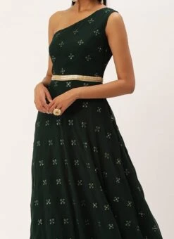 Teen Girls Green Georgette Embroidered Gown Festive Wear