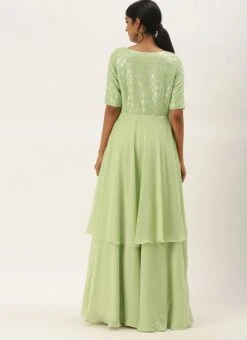 Teen Girls Green Georgette Embroidered Layered Gown Festive Wear -Mahra Clothing Shop Green Georgette Embroidered Layered Gown IWBS02104244 b